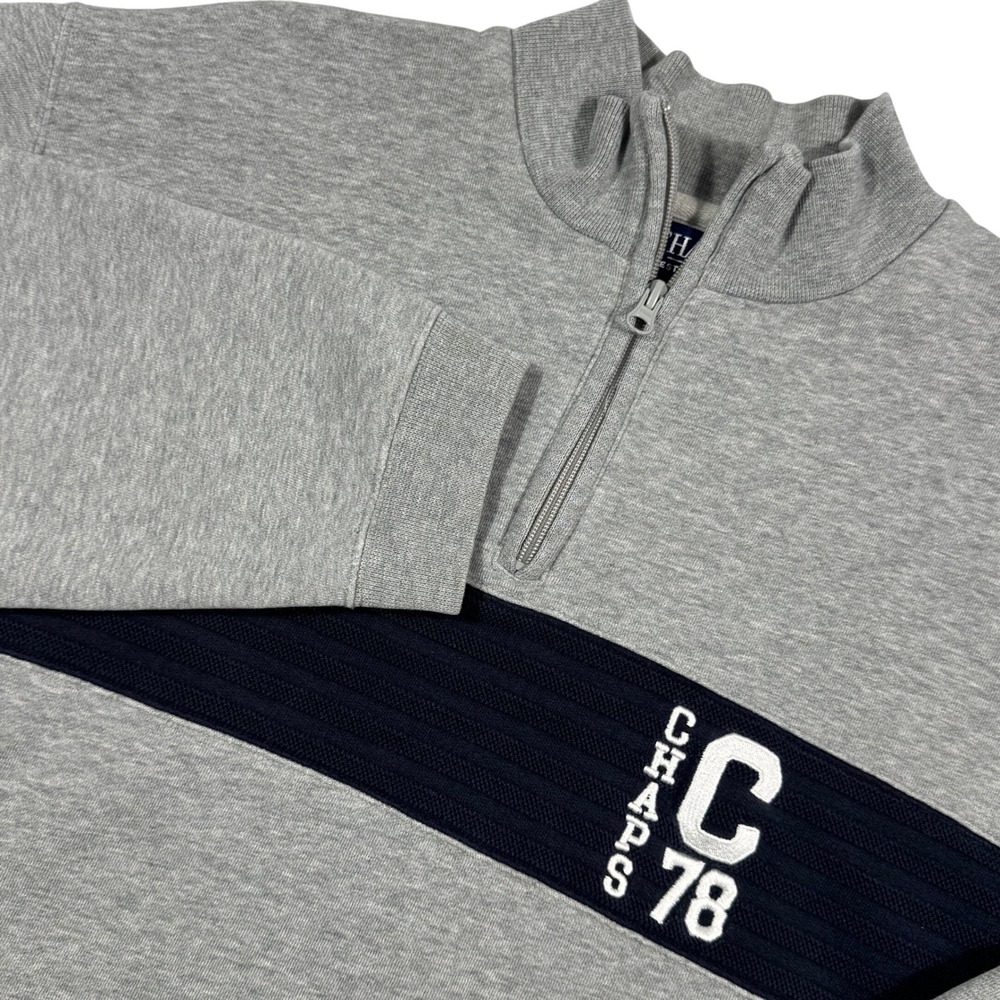 Chaps Mens Large Quarter Zip Pullover Collared Sweatshirt Grey Navy Blue Stripe‎